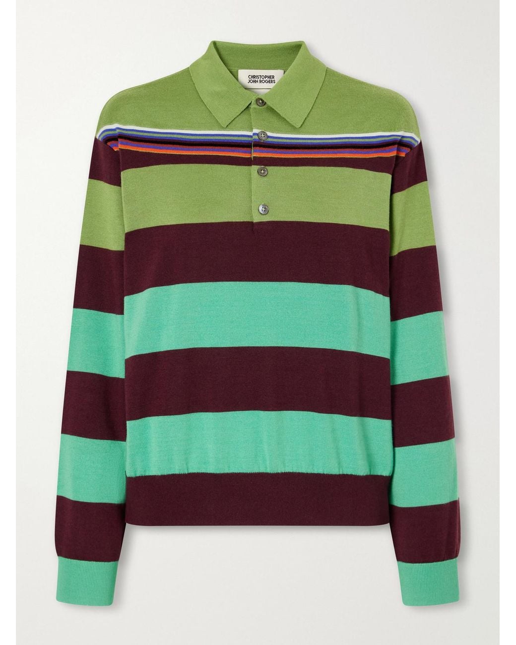 Christopher John Rogers Green Striped Wool And Silk Blend Polo Shirt