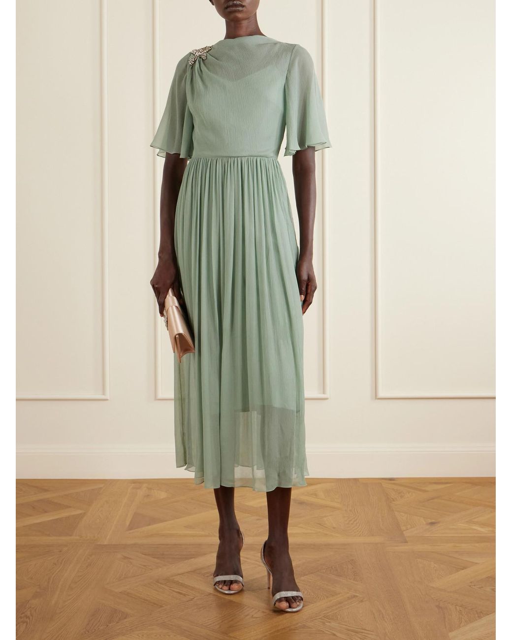 Erdem Green Crystal-Embellished Silk Midi Dress
