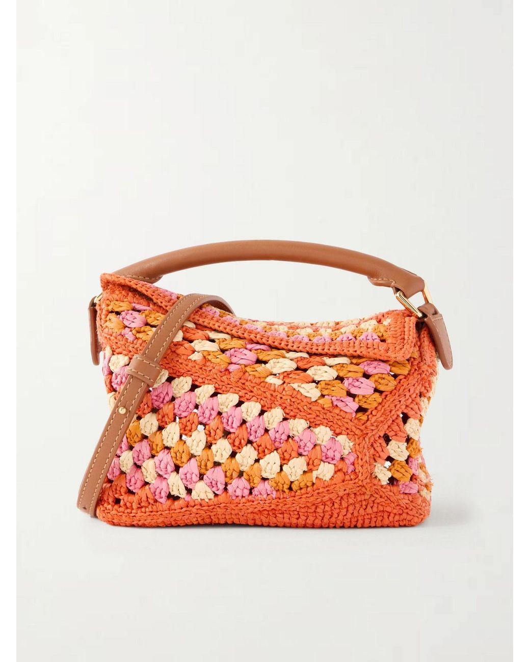 Loewe Orange Paula's Ibiza Puzzle Edge Mini Leather-Trimmed Crocheted Raffia Shoulder Bag
