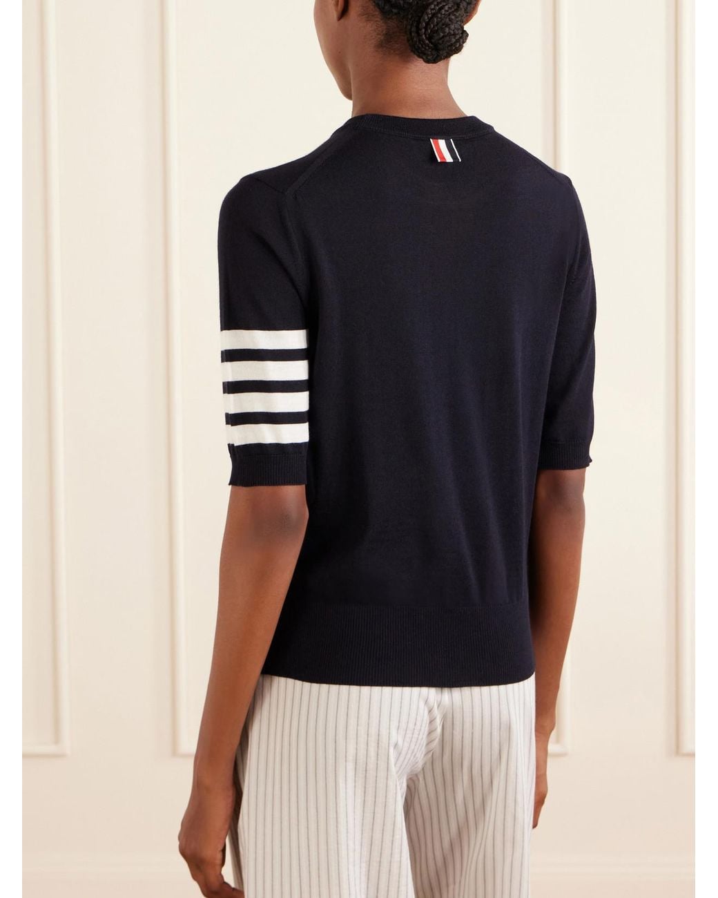 Thom Browne Blue Grosgrain-Trimmed Striped Wool-Blend Sweater