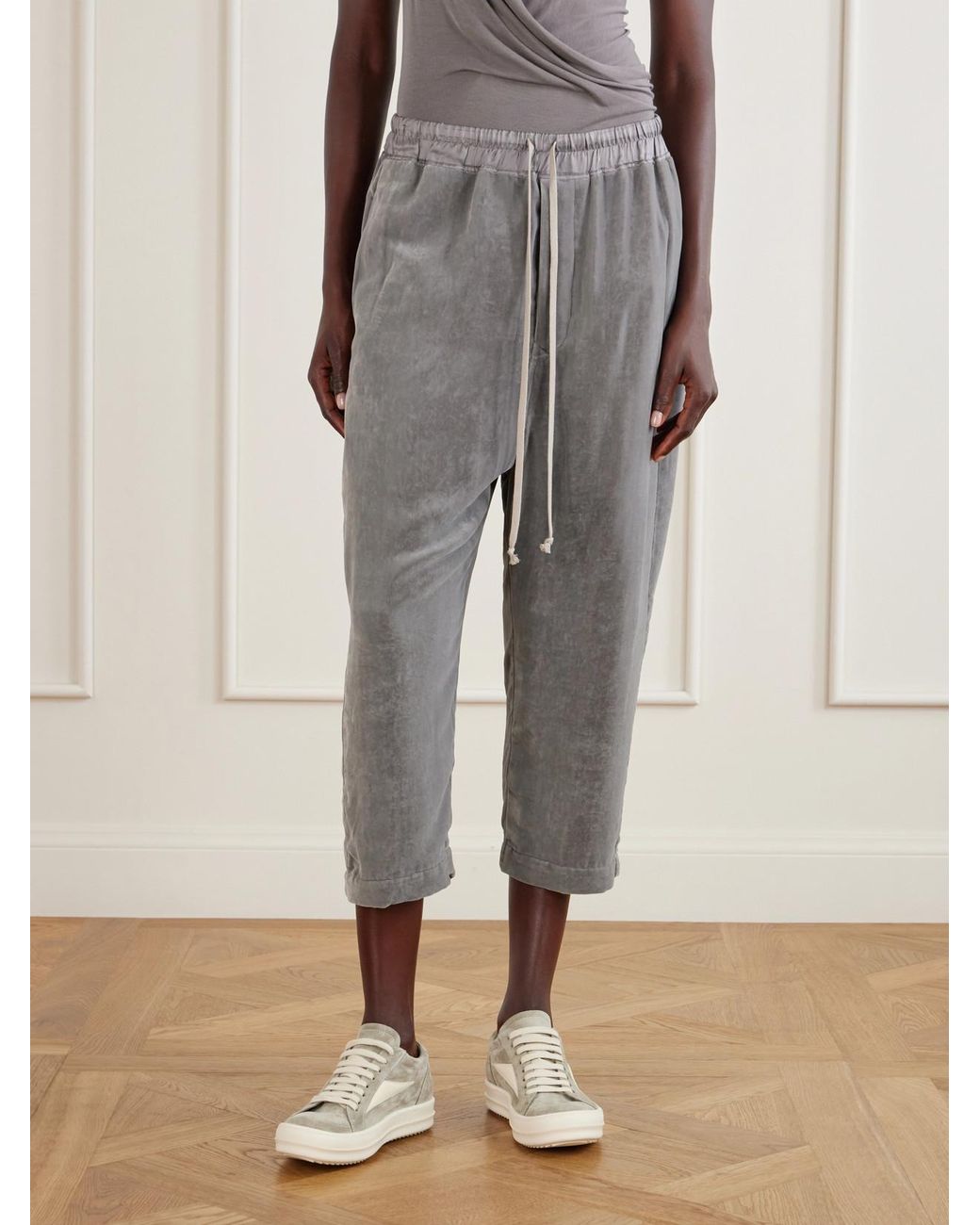 Rick Owens Gray Astaires Cropped Velvet Mid-Rise Tapered Pants