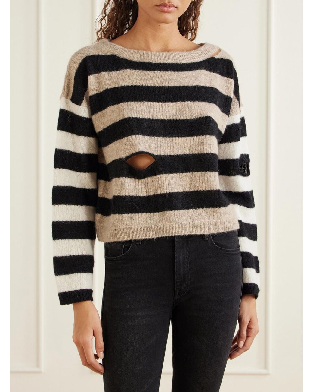 Mother Black The Cold Shoulder Distressed Cropped Striped Alpaca-Blend Sweater
