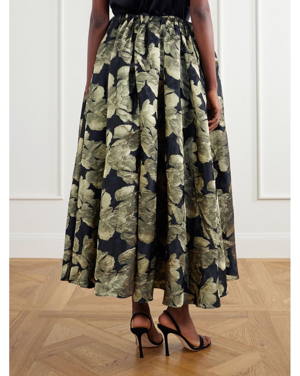 Abadia Green Elodie Gathered Floral-Brocade Maxi Skirt