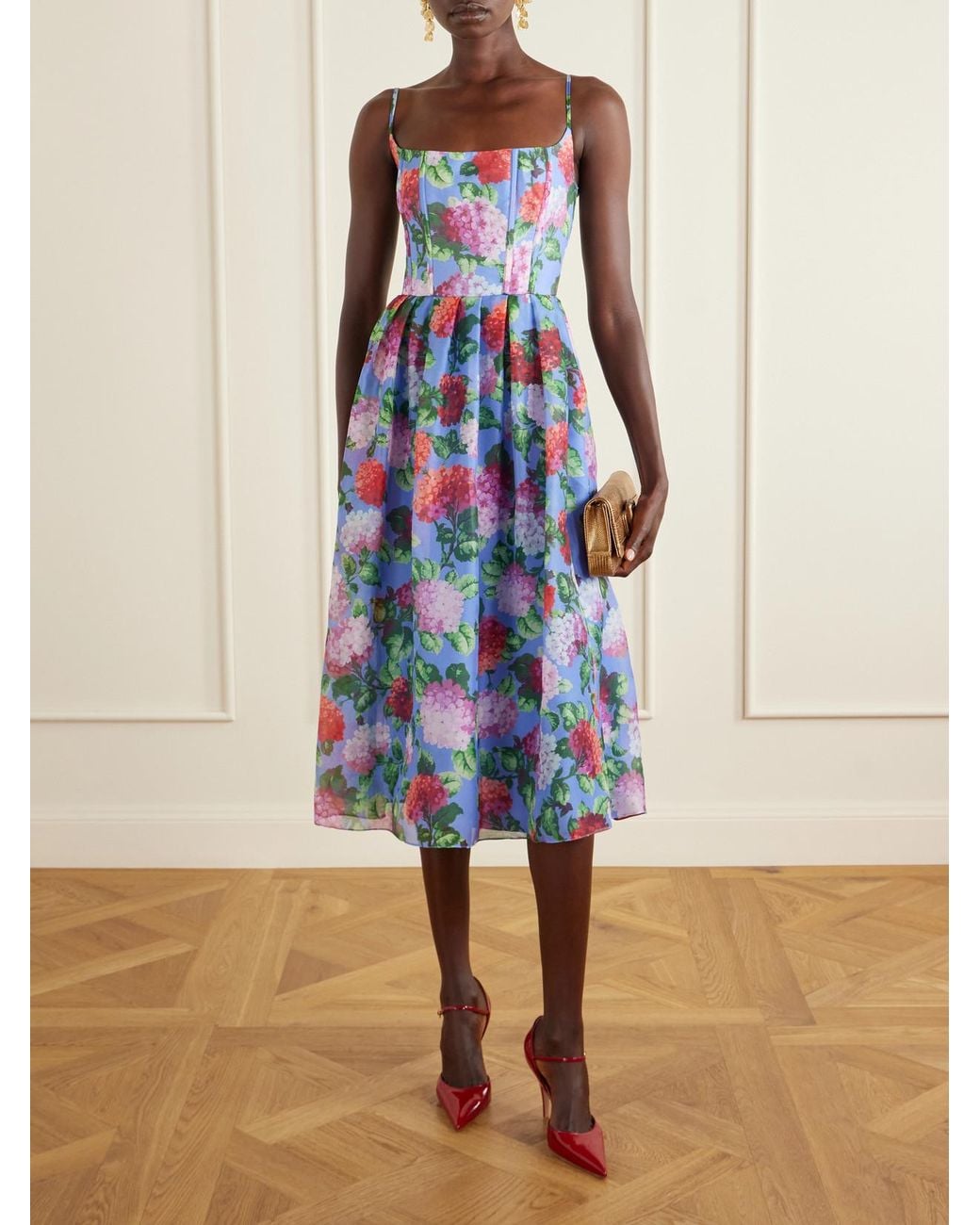 Carolina Herrera White Floral-Print Silk-Crepe Midi Dress