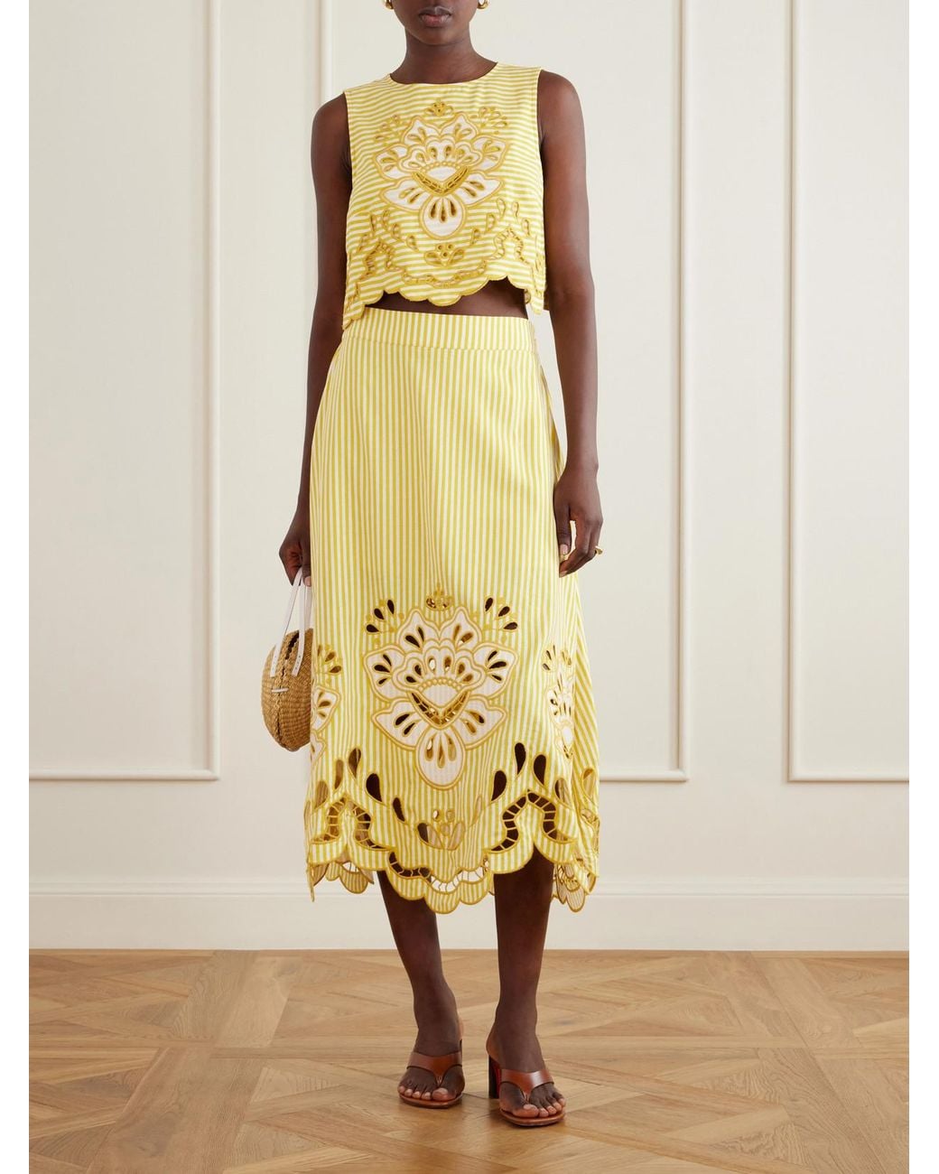Farm Rio Yellow Cropped Striped Broderie Anglaise-Trimmed Linen-Blend Tank