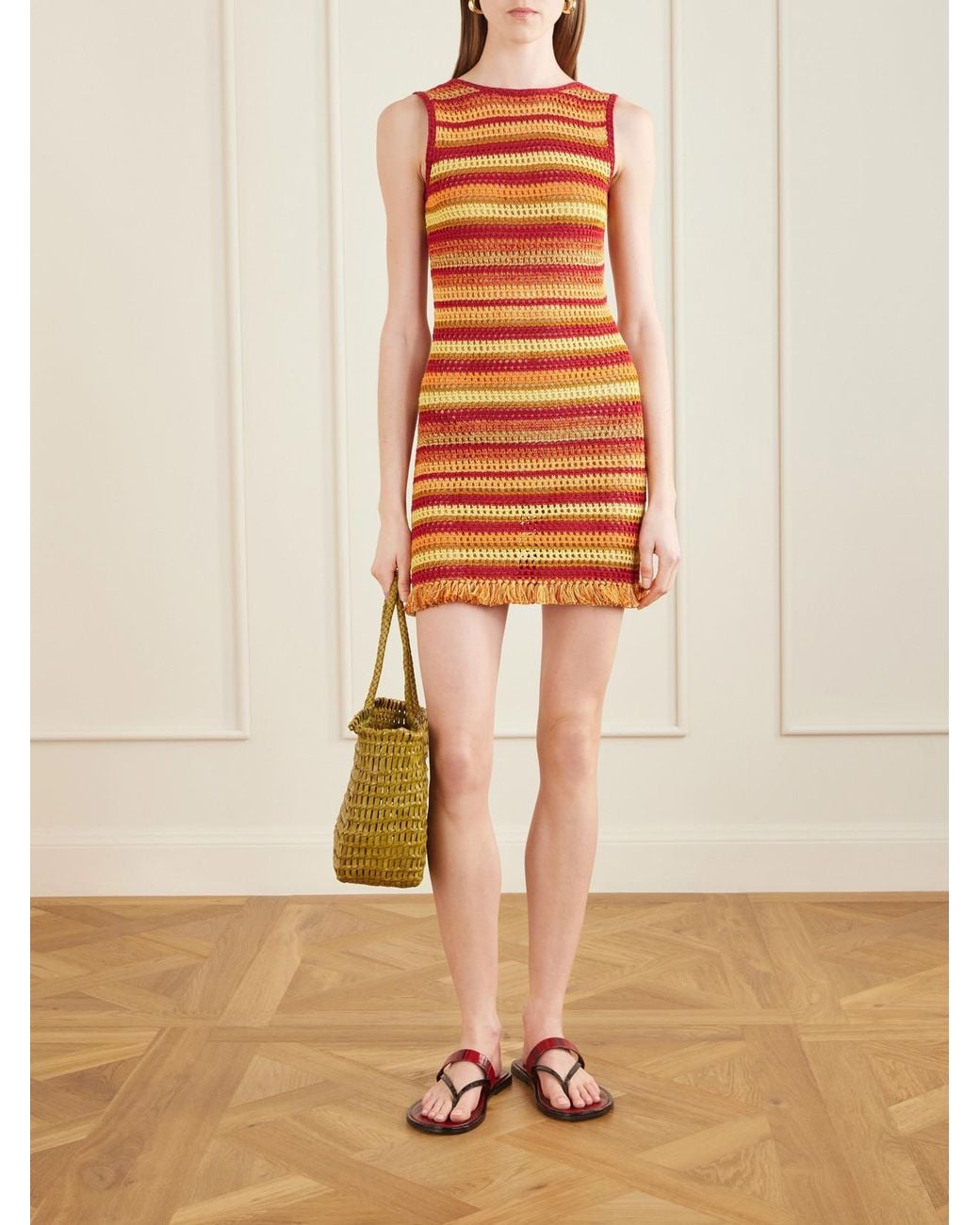 Escvdo Orange Nevado Fringed Striped Crocheted Cotton Mini Dress