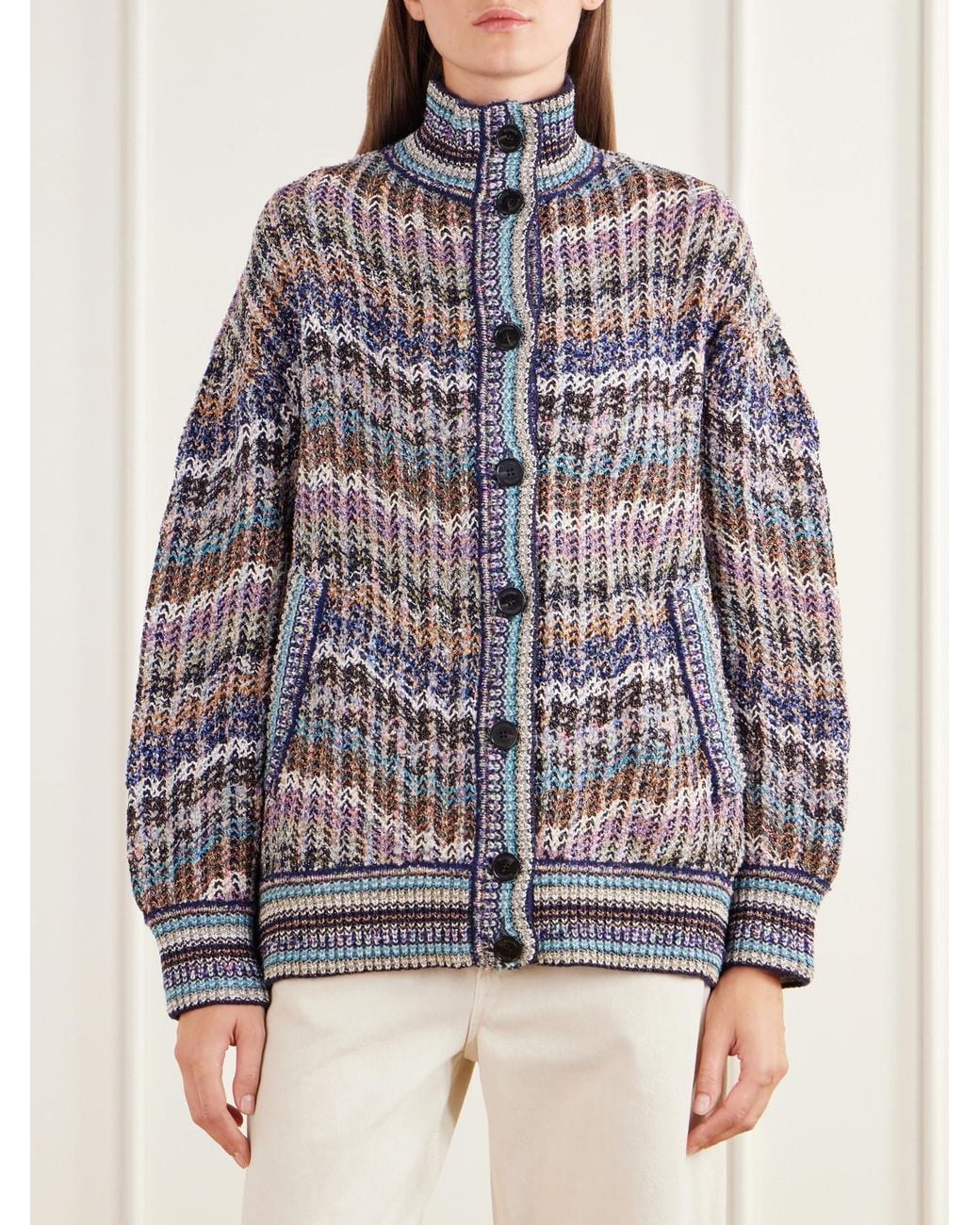 Missoni Gray Striped Metallic Crochet-Knit Cardigan