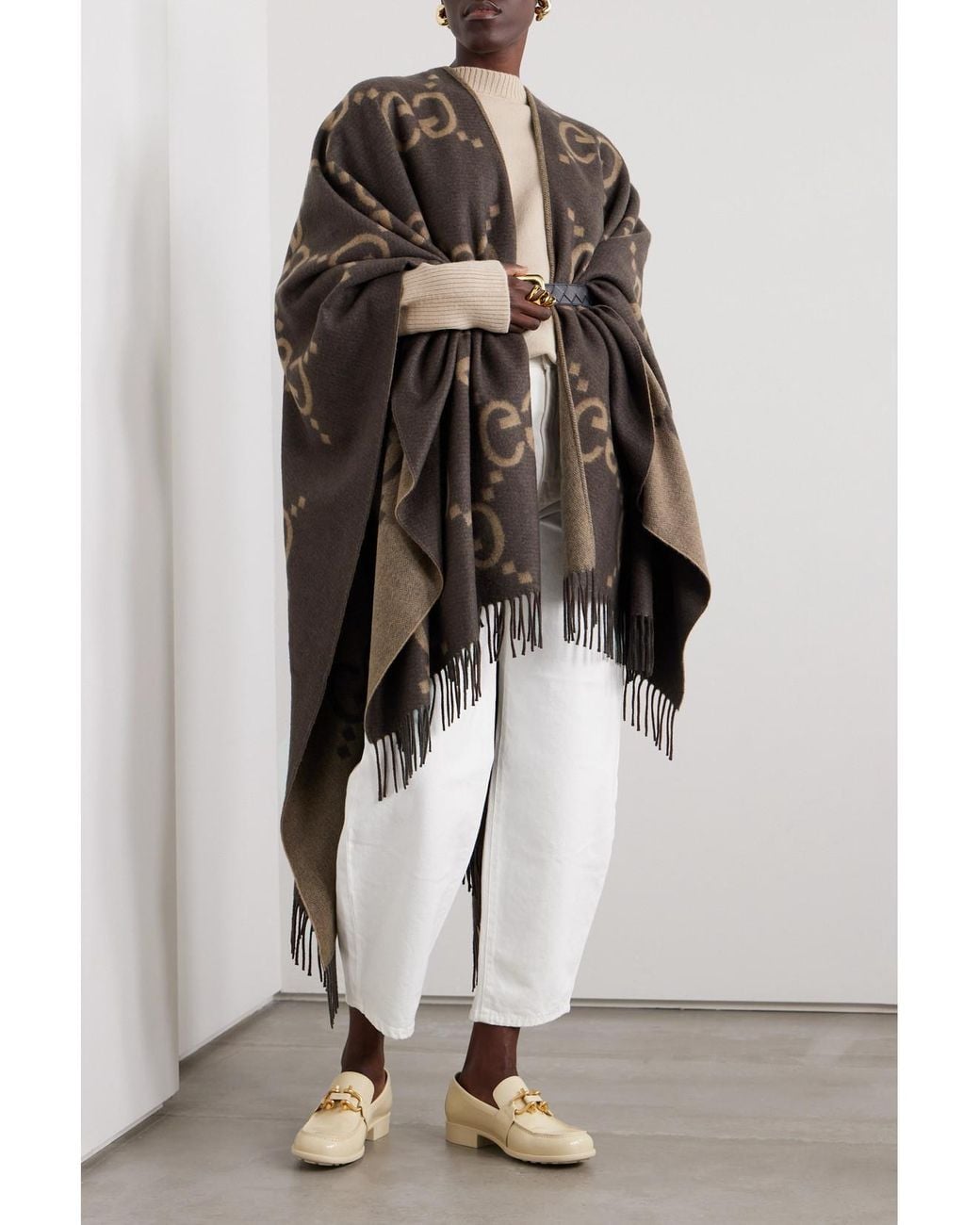 Gucci Brown Reversible Fringed Jacquard-Knit Cashmere Wrap