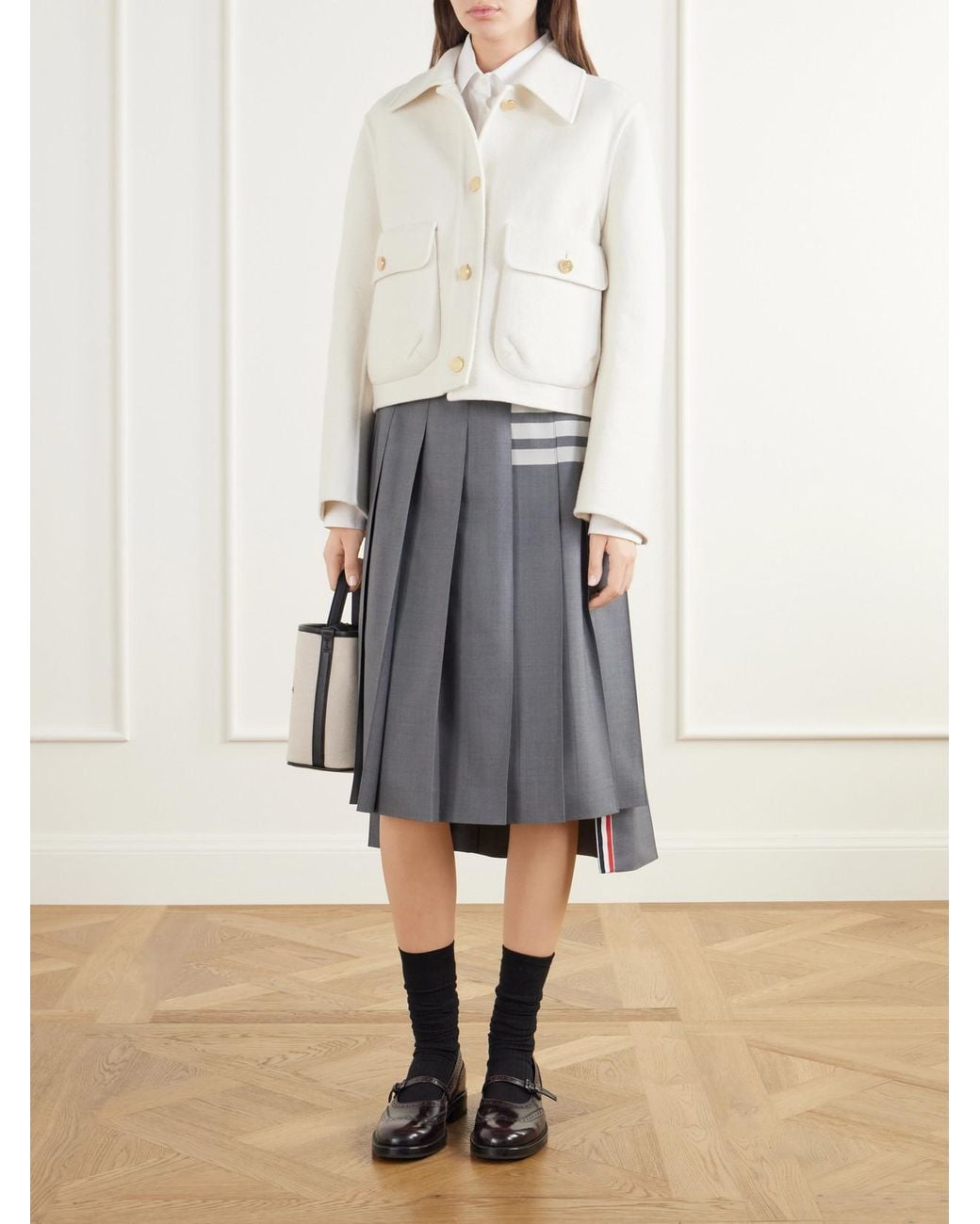 Thom Browne Blue Pleated 4-Bar Woven Wool Midi-Skirt