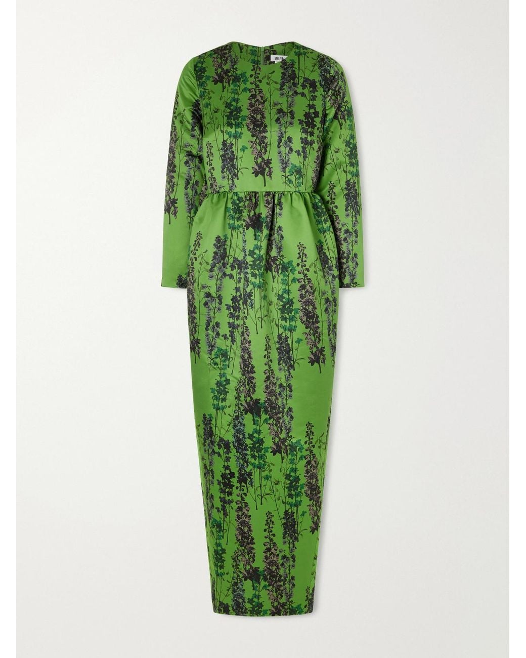 BERNADETTE Green Lenny Gathered Floral-Print Satin Midi Dress