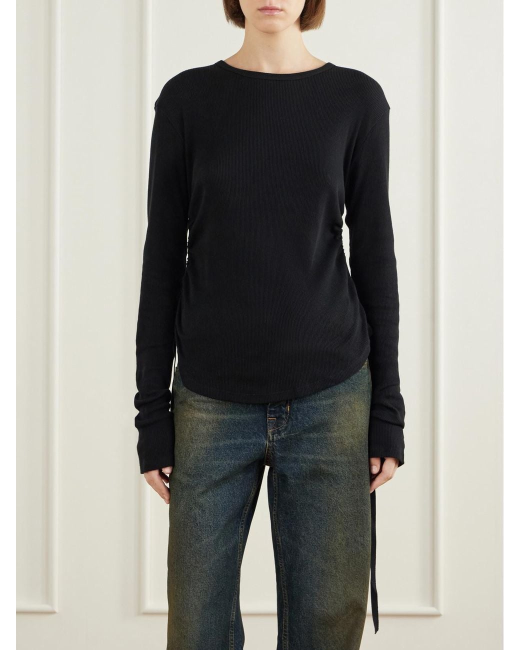 Ann Demeulemeester Black Dot Gathered Ribbed Cotton T-Shirt