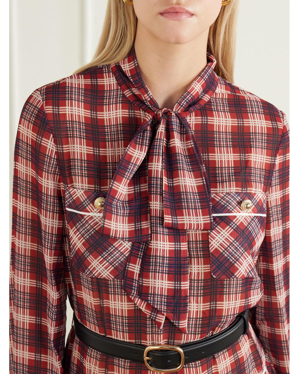 Self-Portrait Red Belted Checked Chiffon Midi Dress