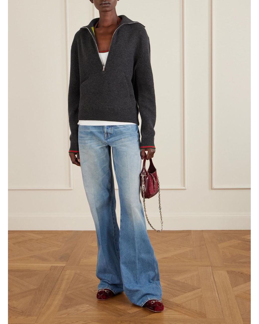 Gucci Red Jackie 1961 Crystal-Embellished Velvet And Leather Shoulder Bag