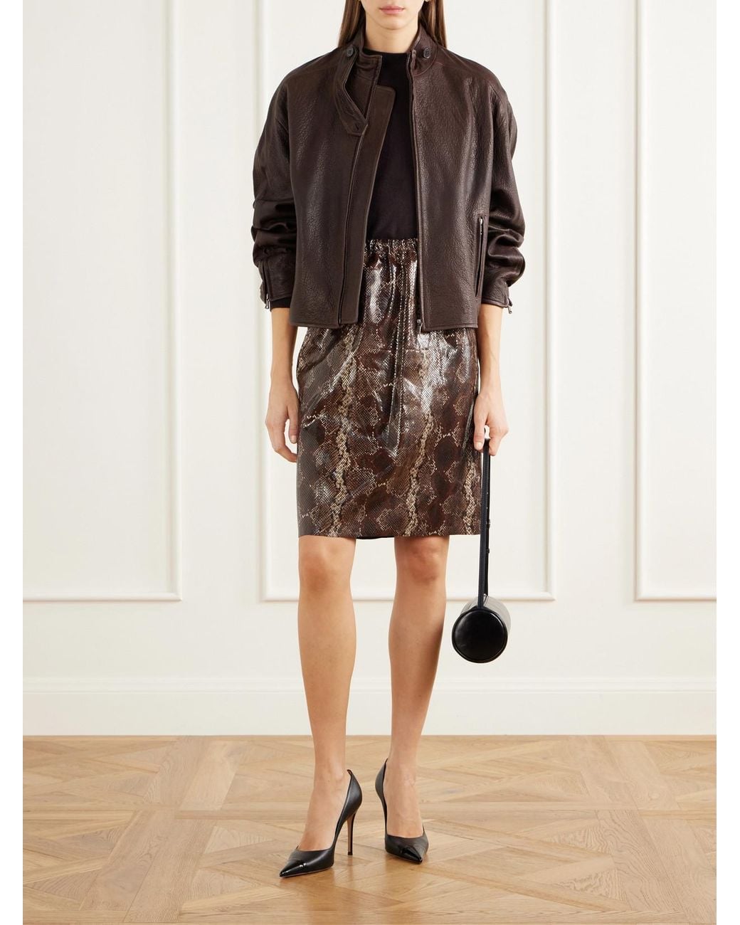 Nour Hammour Brown Sabella Gathered Snake-Effect Patent-Leather Midi Skirt
