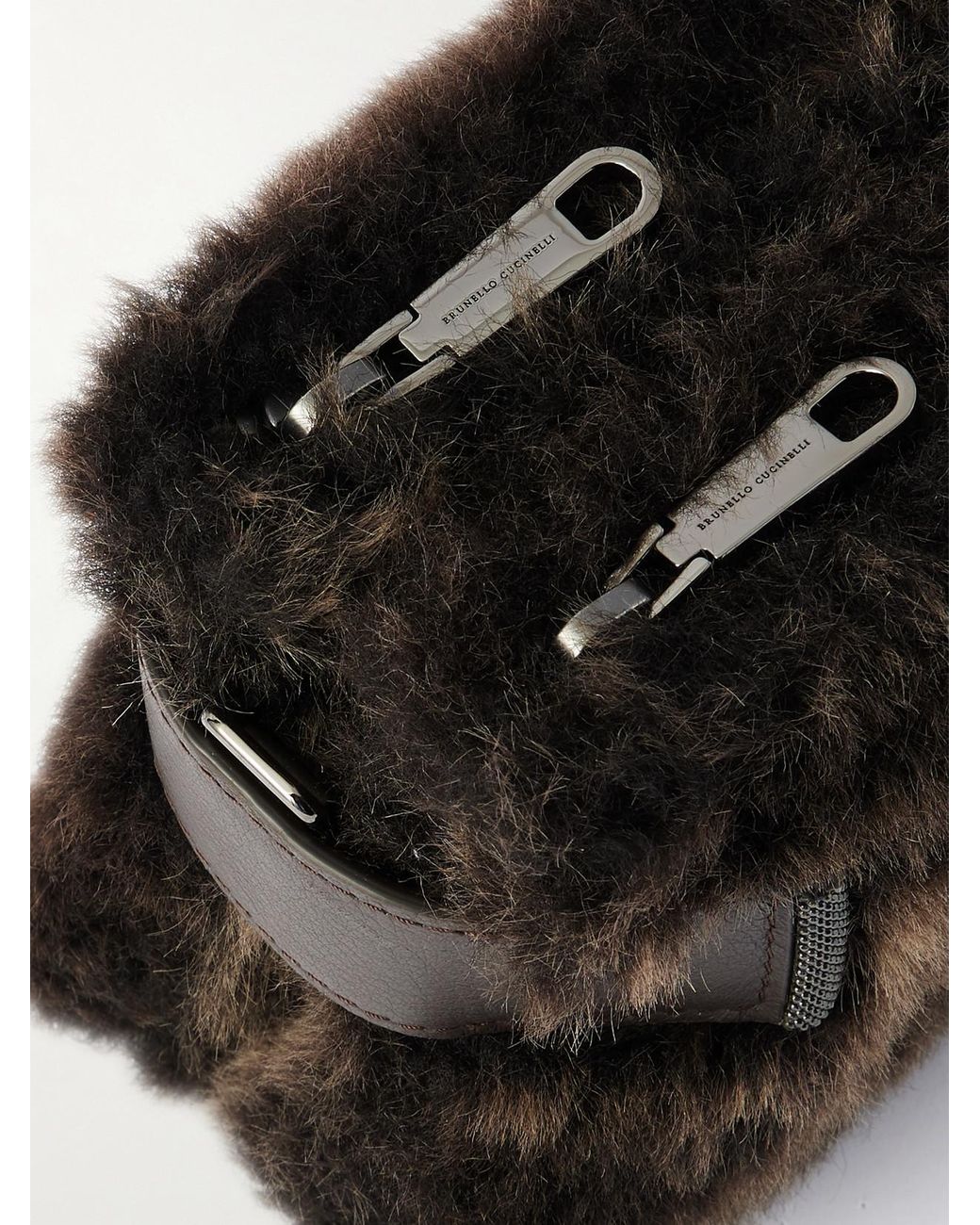 Brunello Cucinelli Black Bead-Embellished Leather-Trimmed Shearling Clutch