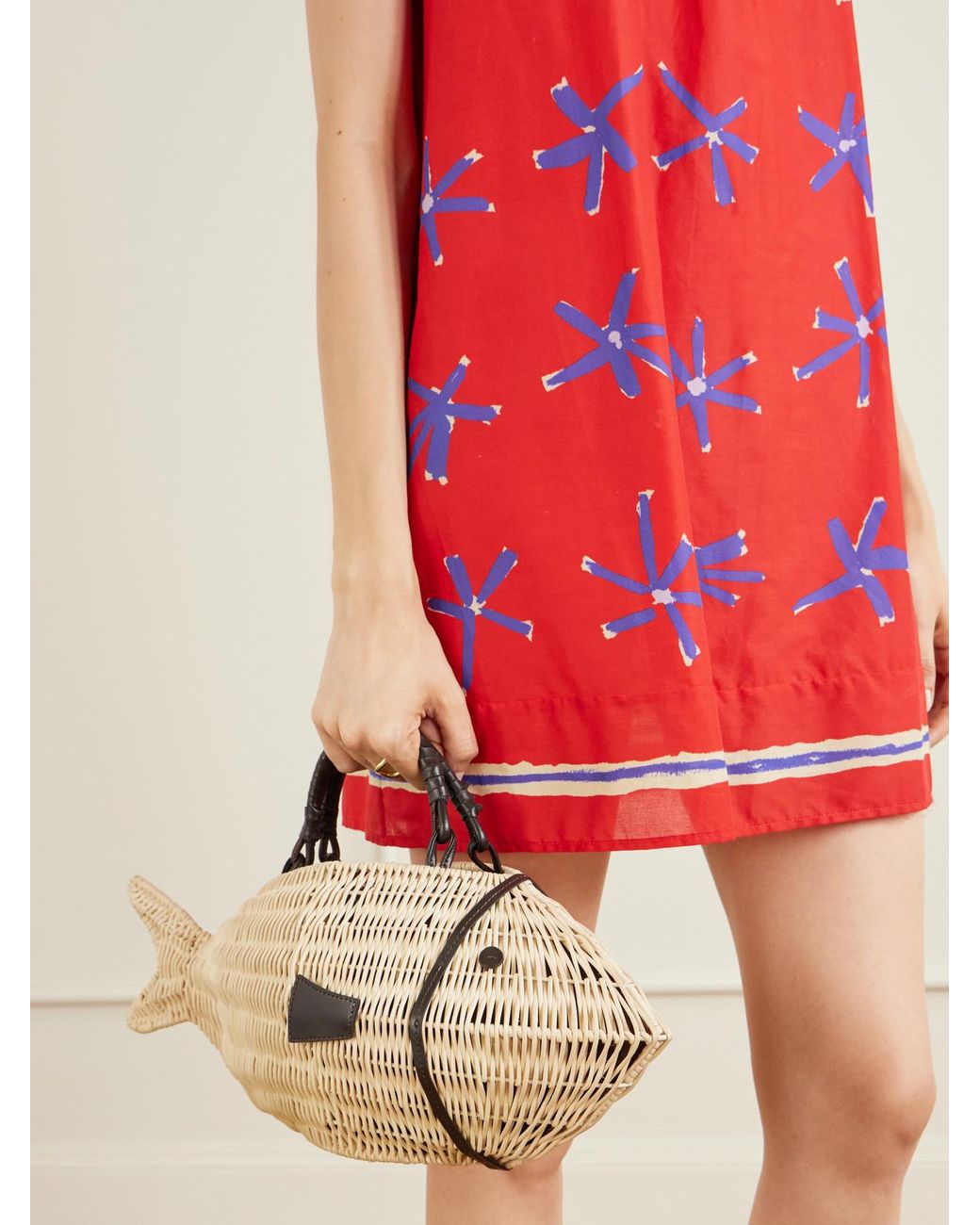 Staud Natural Cleo Fish Mini Leather-Trimmed Raffia Tote