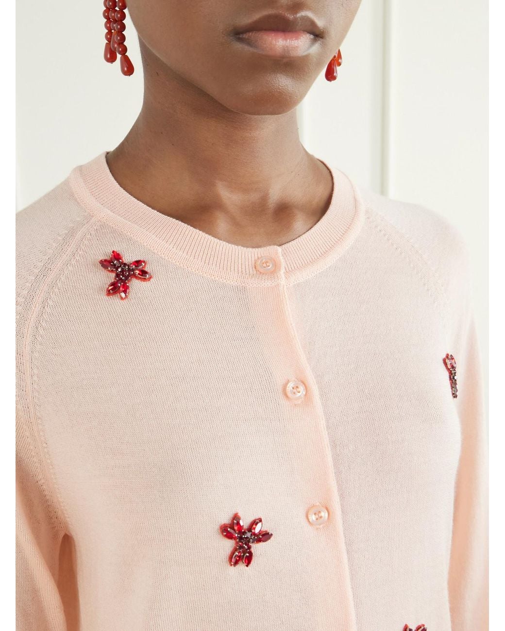 Simone Rocha Natural Crystal-Embellished Wool And Silk-Blend Cardigan