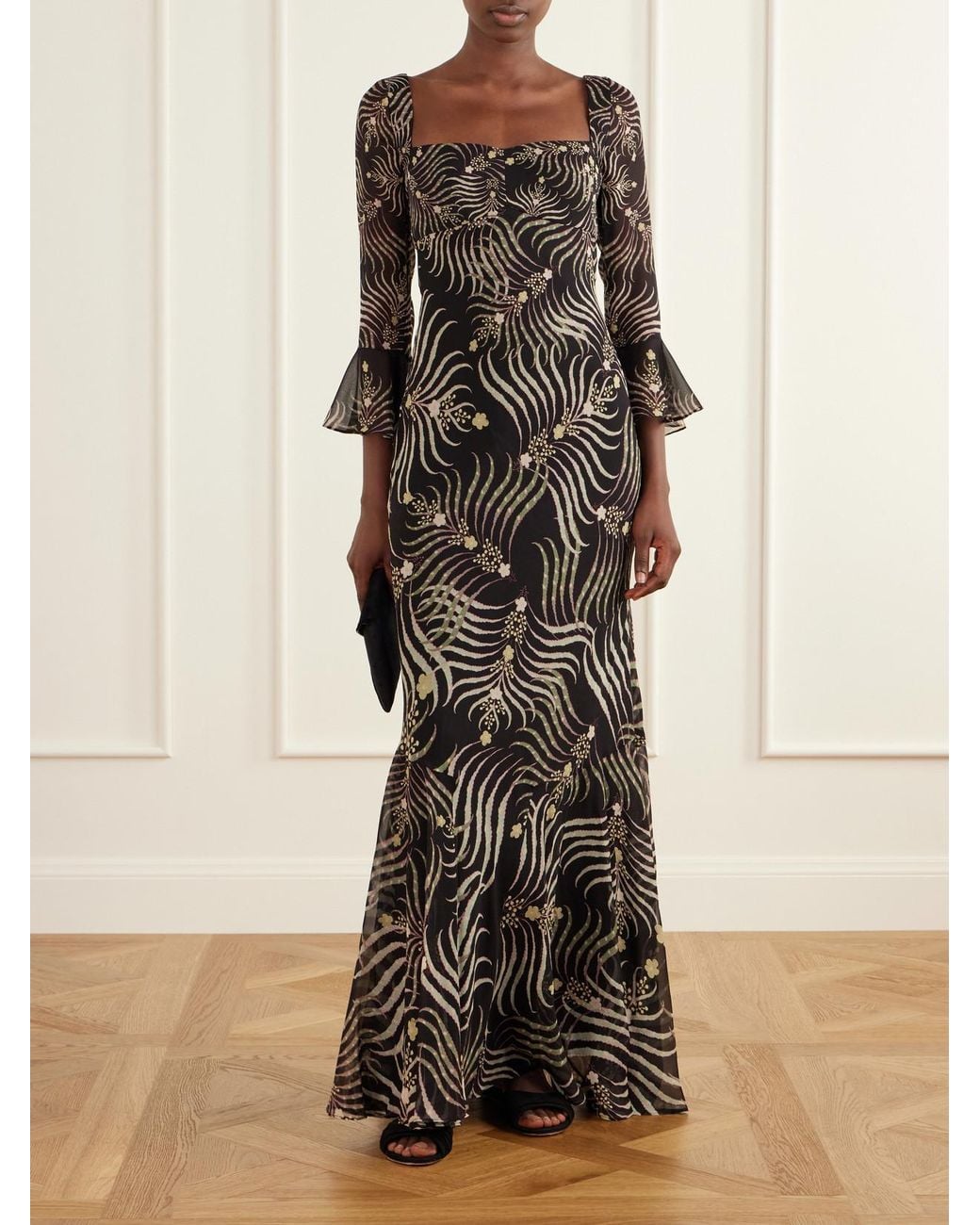 Saloni Black Willa Printed Silk-Chiffon Gown