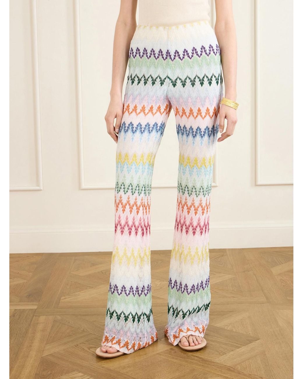 Missoni White Striped Metallic Crochet-Knit Flared Pants