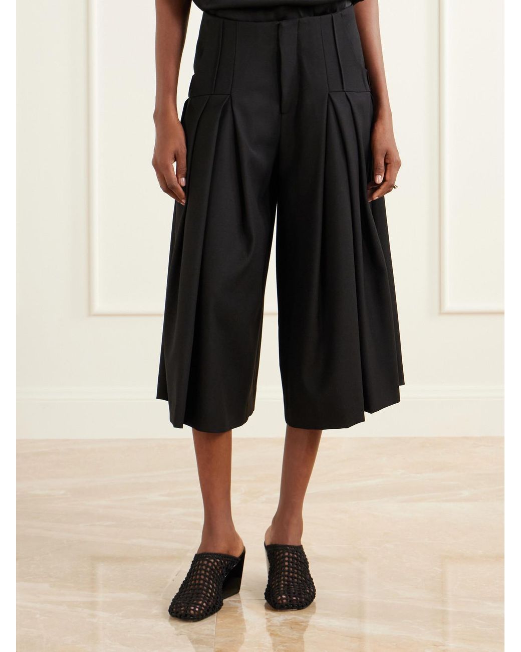 LIBEROWE Black Pleated Wool-Fresco Culotte Shorts