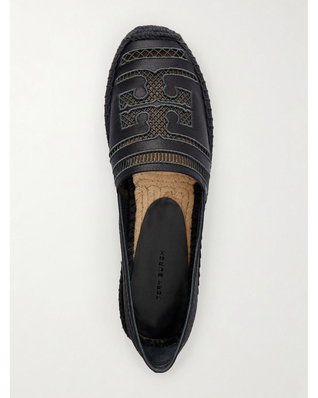 Tory Burch Black Open Weave Embroidered Satin Espadrilles