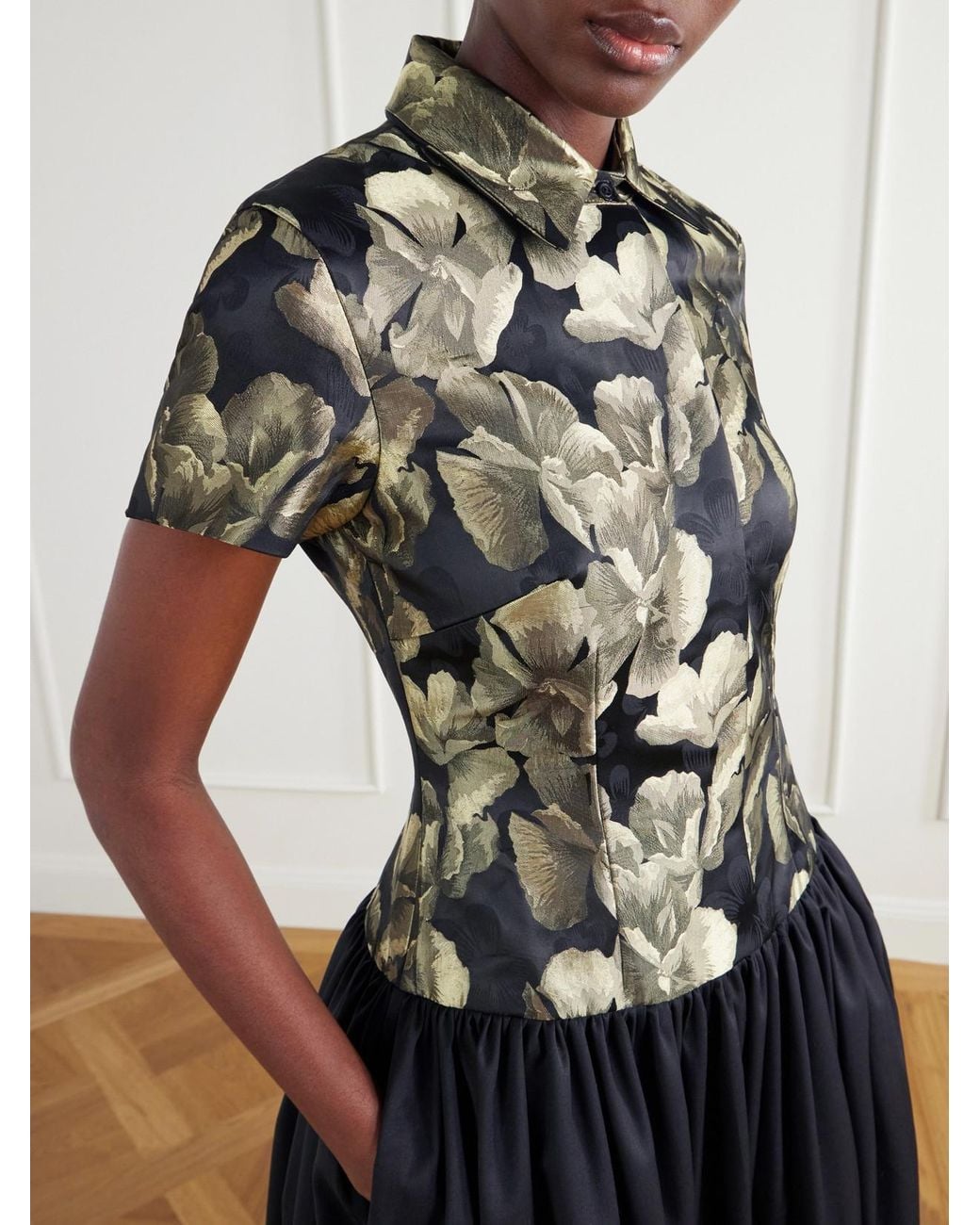 Abadia Black Gathered Floral-Brocade And Twill Midi Dress