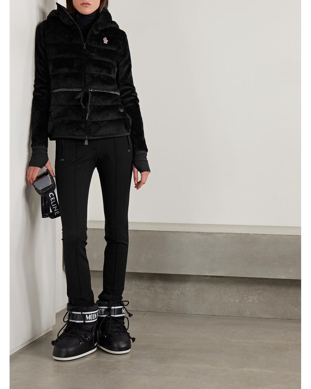 Moncler Black Hooded Quilted Fleece Down Jacket
