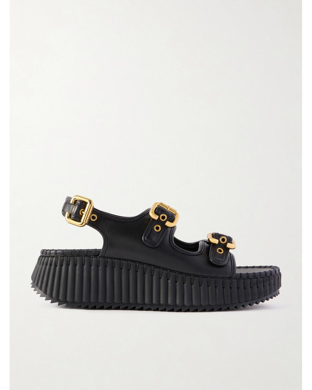 Chloé Black Nama Buckled Leather Wedge Sandals