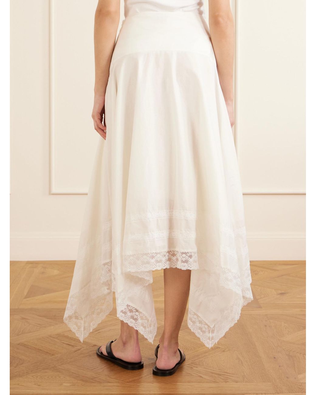 Staud White Ainsley Asymmetric Lace-Trimmed Cotton-Voile Maxi Skirt