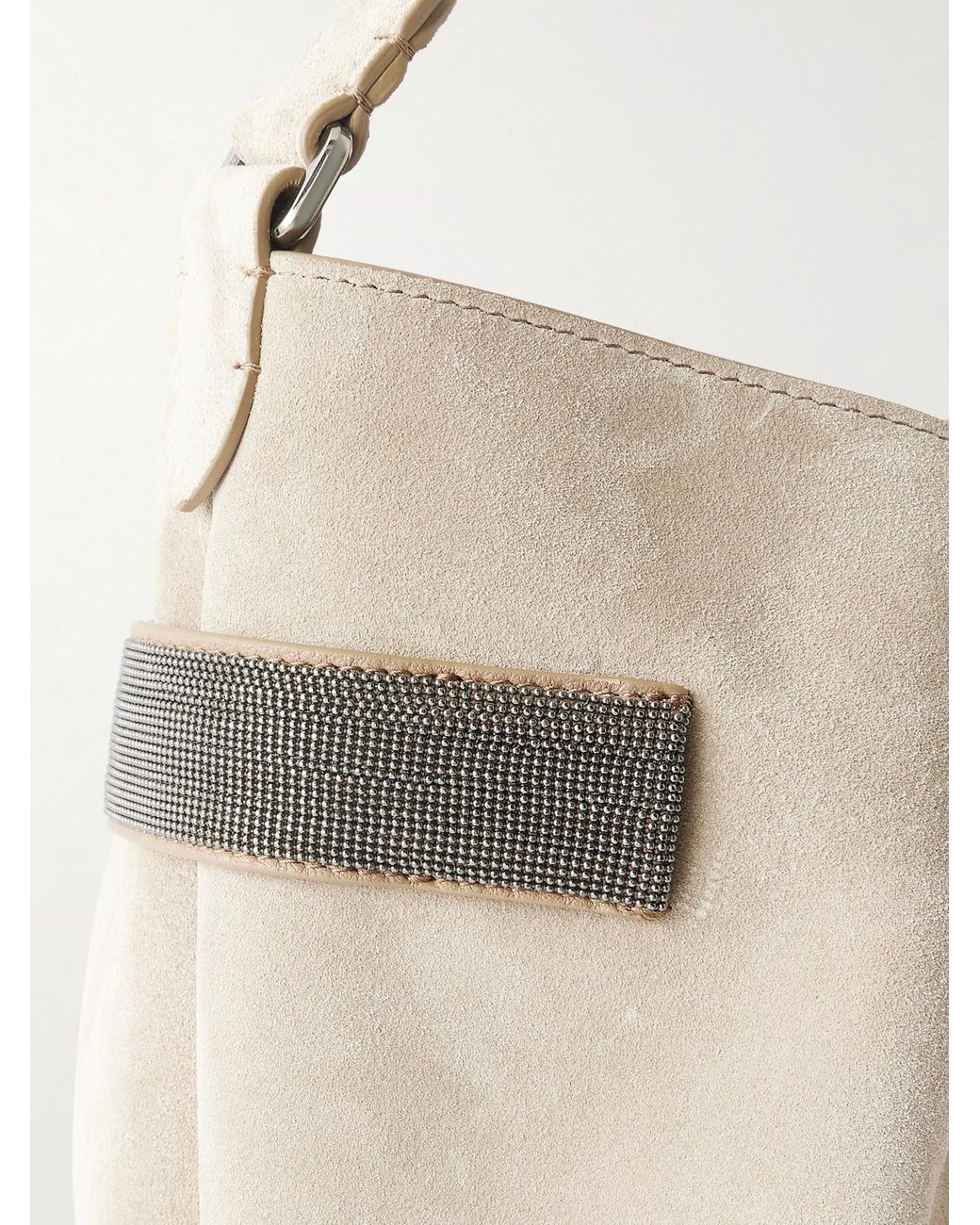 Brunello Cucinelli Natural Bead-Embellished Suede Shoulder Bag