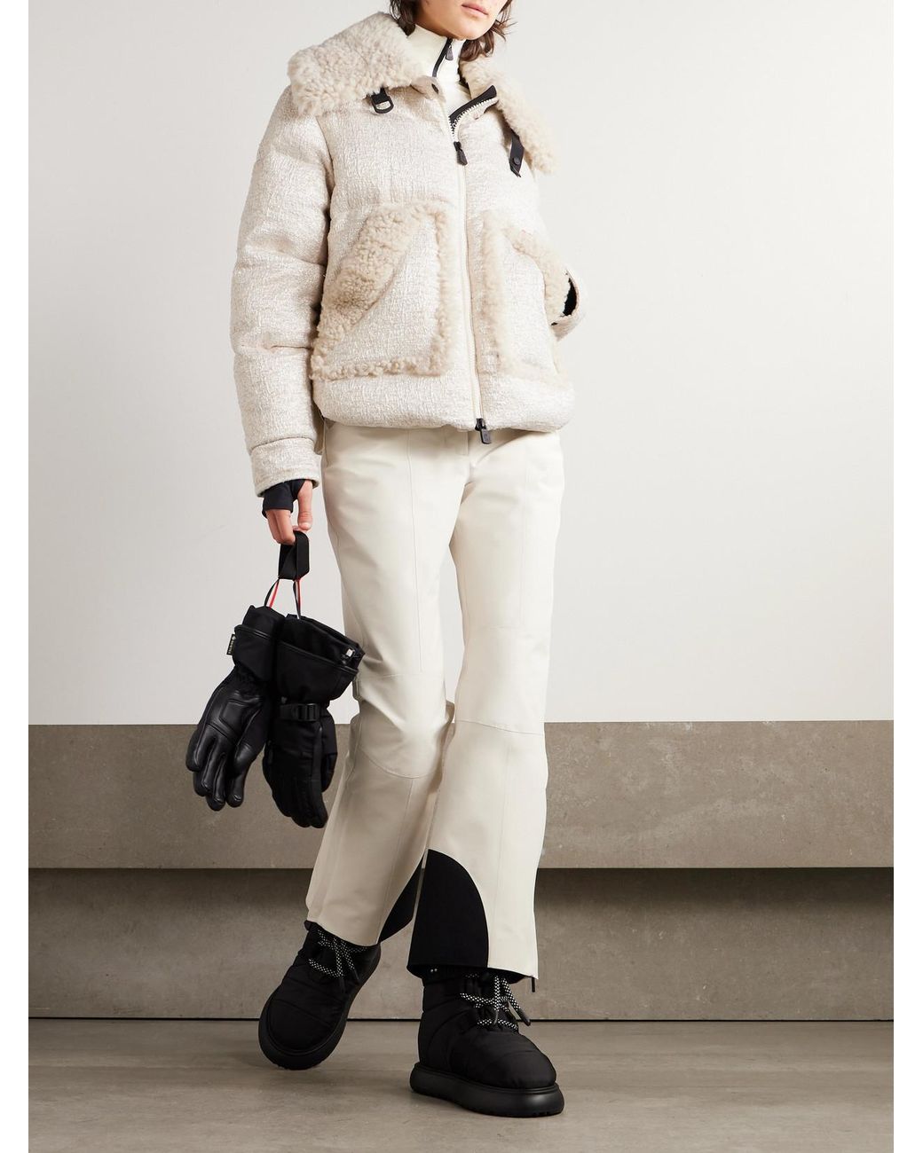Moncler Natural Stowe Appliquéd Shearling-Trimmed Metallic Tweed Down Jacket