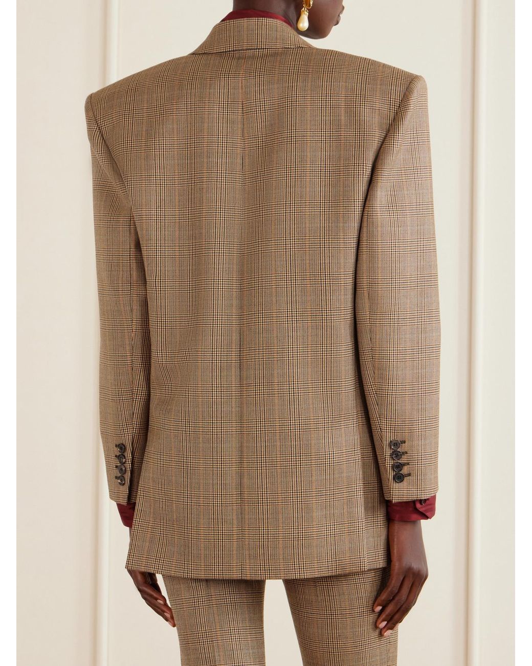 Saint Laurent Natural Double-Breasted Prince Of Wales Checked Wool Blazer