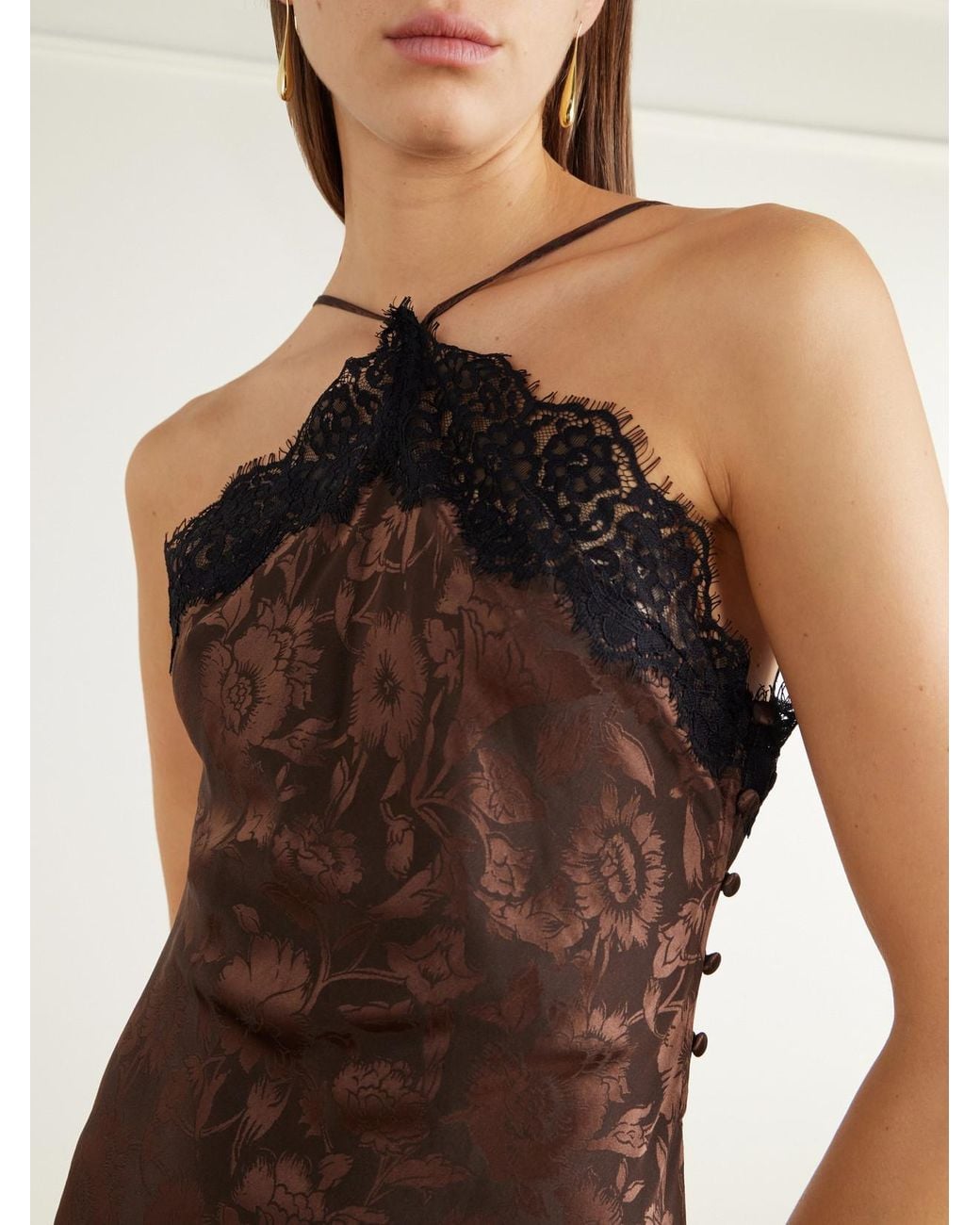 Veronica Beard Brown Rue Lace-Trimmed Floral-Jacquard Silk-Blend Satin Gown