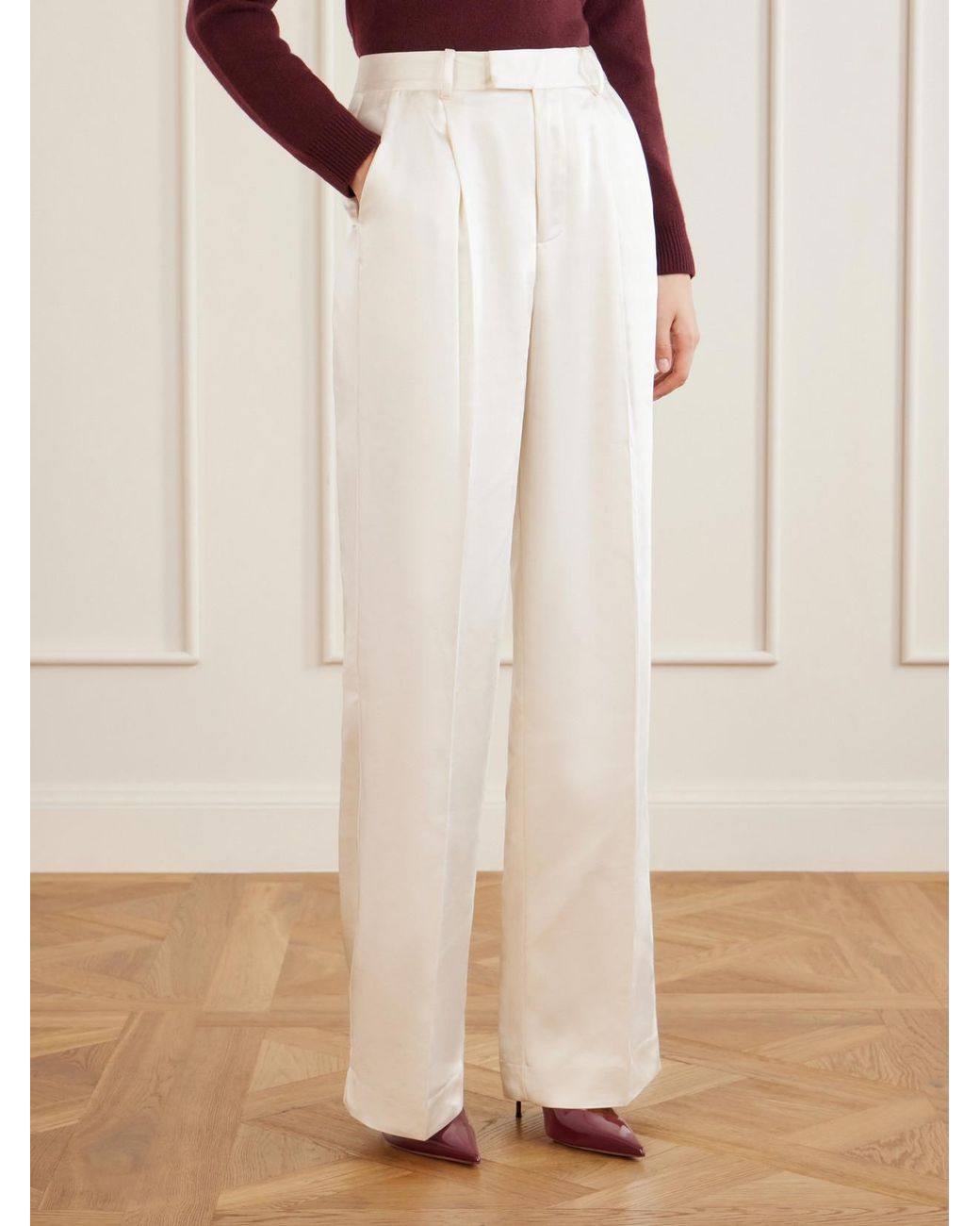 Self-Portrait White Pleated Satin Straight-Leg Pants