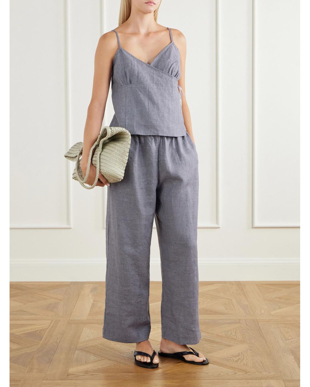 Deiji Studios Gray Ease Checked Linen Straight-Leg Pants
