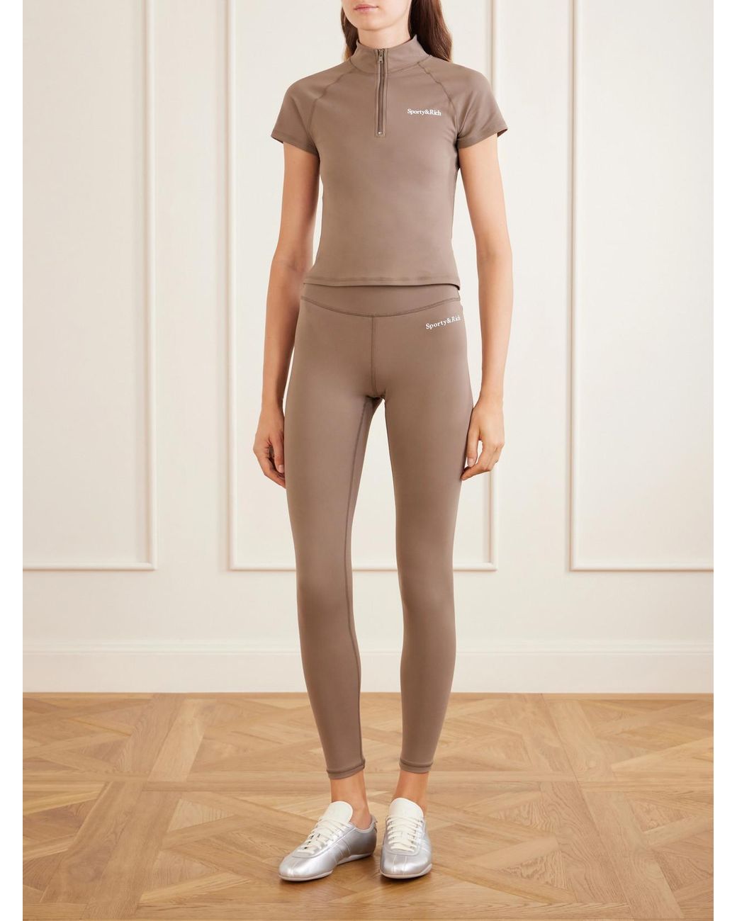 Sporty & Rich Natural Logo-Print Stretch-Jersey High-Rise Leggings