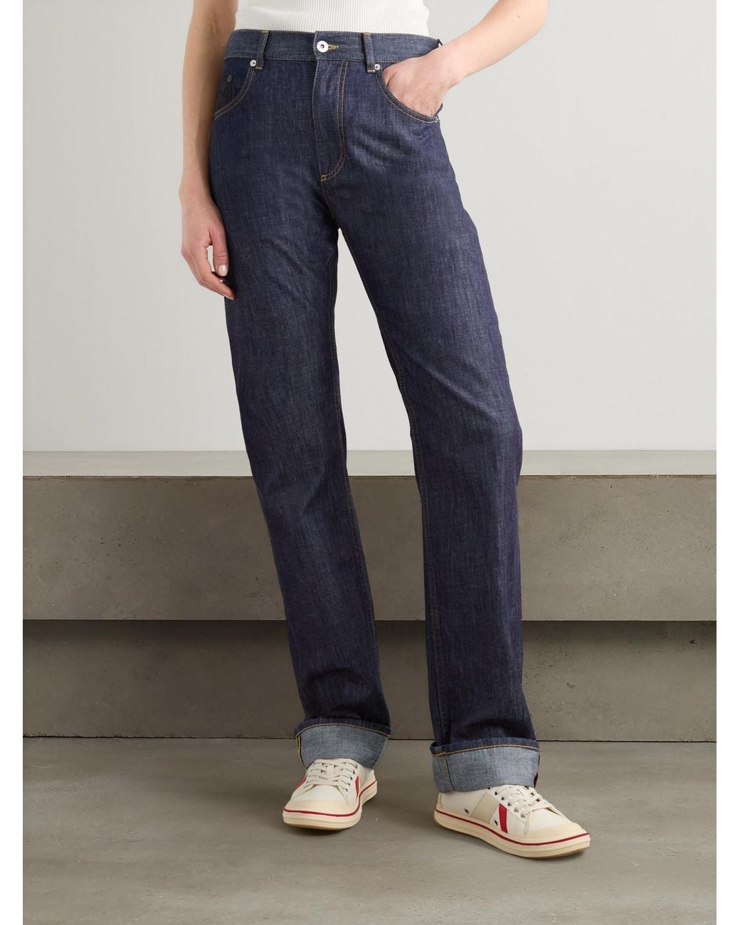 Bottega Veneta Blue Intrecciato Suede-Trimmed Mid-Rise Straight-Leg Jeans