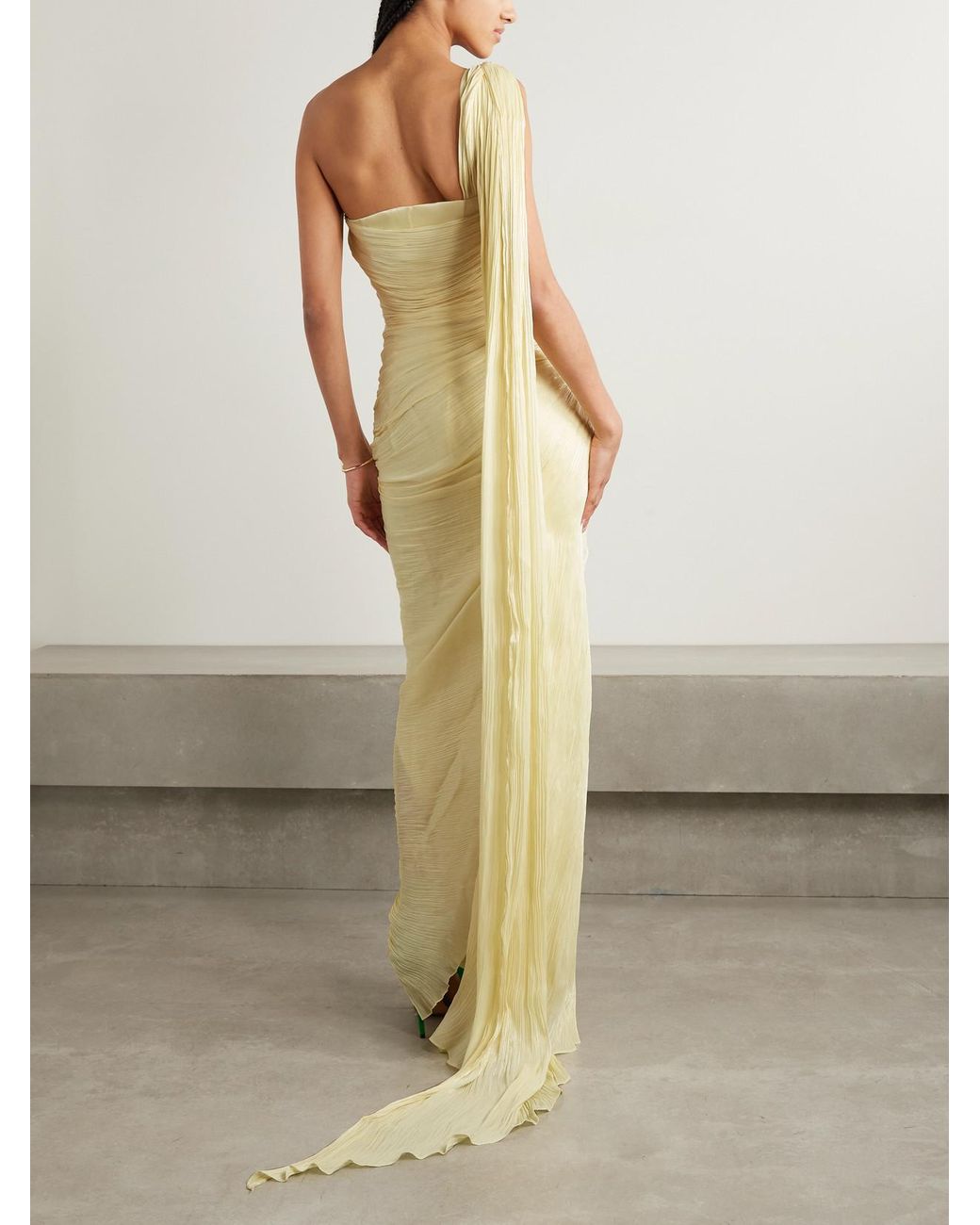 Marmar Halim One-Shoulder Draped Pliss-Silk Gown in Yellow | Lyst