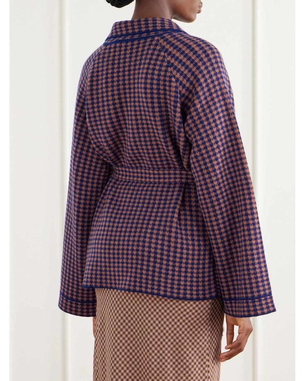 BERNADETTE Purple Kallas Checked Belted Floral-Appliquéd Cashmere Cardigan