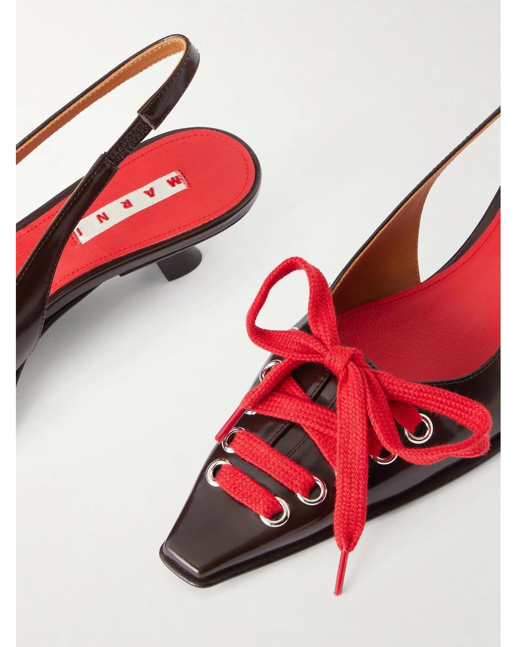 Marni Brown Kat Lace-Up Leather Slingback Pumps