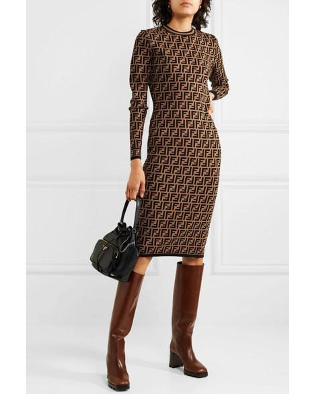 Fendi Ff Logo Jacquard Sweater Dress in Brown