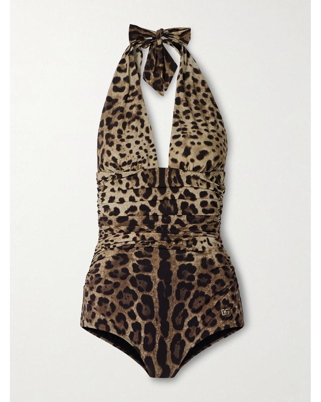 Dolce & Gabbana White Leopard-Print Halterneck Swimsuit