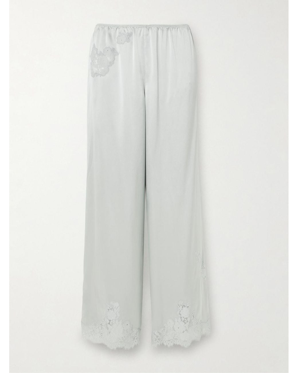 Doen White Lavon Lace-Trimmed Silk-Satin Wide-Leg Pants