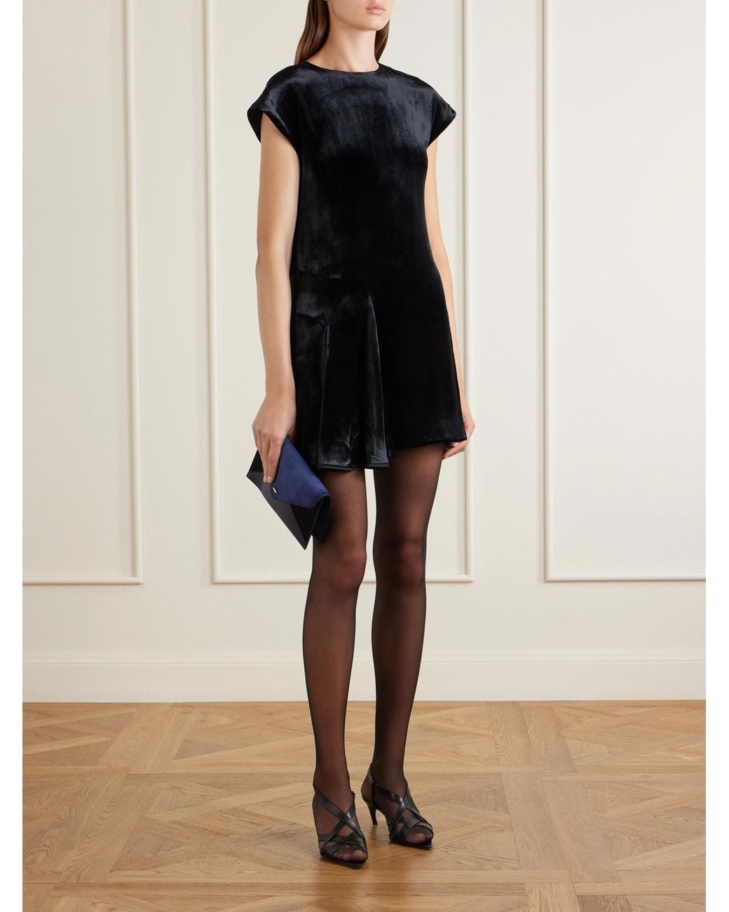 Khaite Black Scarla Asymmetric Pleated Satin Mini Dress