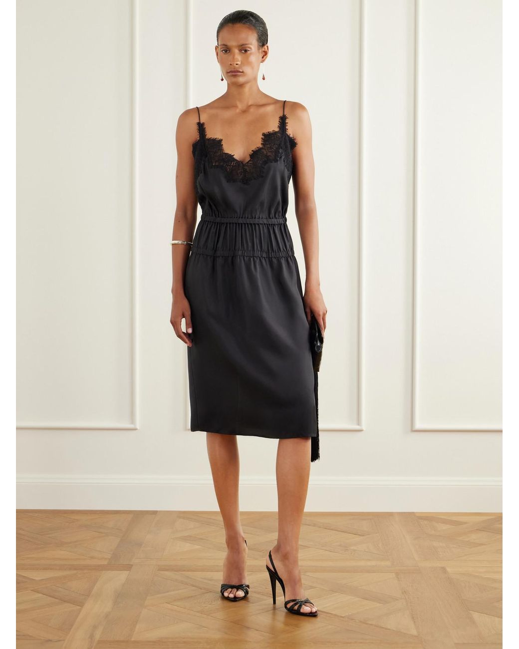 Rohe Black Camura Lace-Trimmed Shirred Silk-Satin Midi Dress