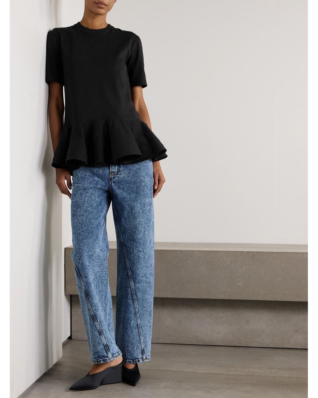 Alaïa Black Oversized Poplin-Trimmed Cotton-Jersey Peplum T-Shirt