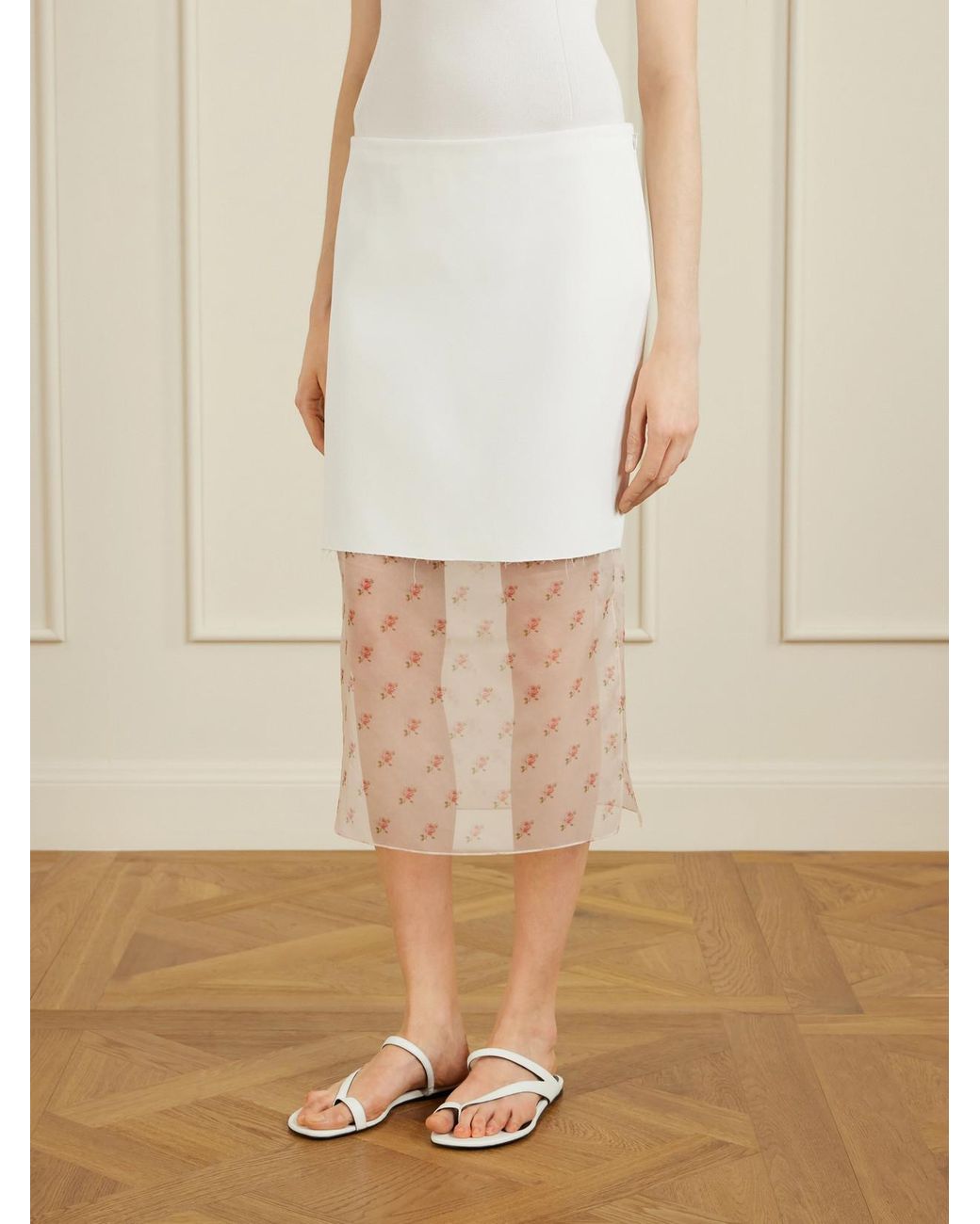 Khaite White Sybil Layered Frayed Satin-Crepe And Floral-Print Organza Midi Skirt