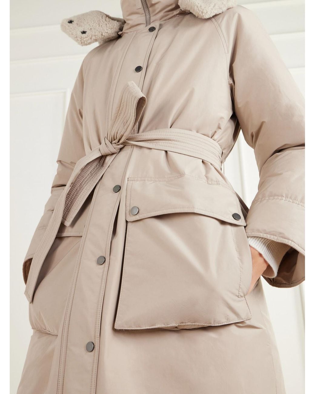 Brunello Cucinelli Natural Hooded Belted Plush-Trimmed Cotton-Blend Shell Down Coat