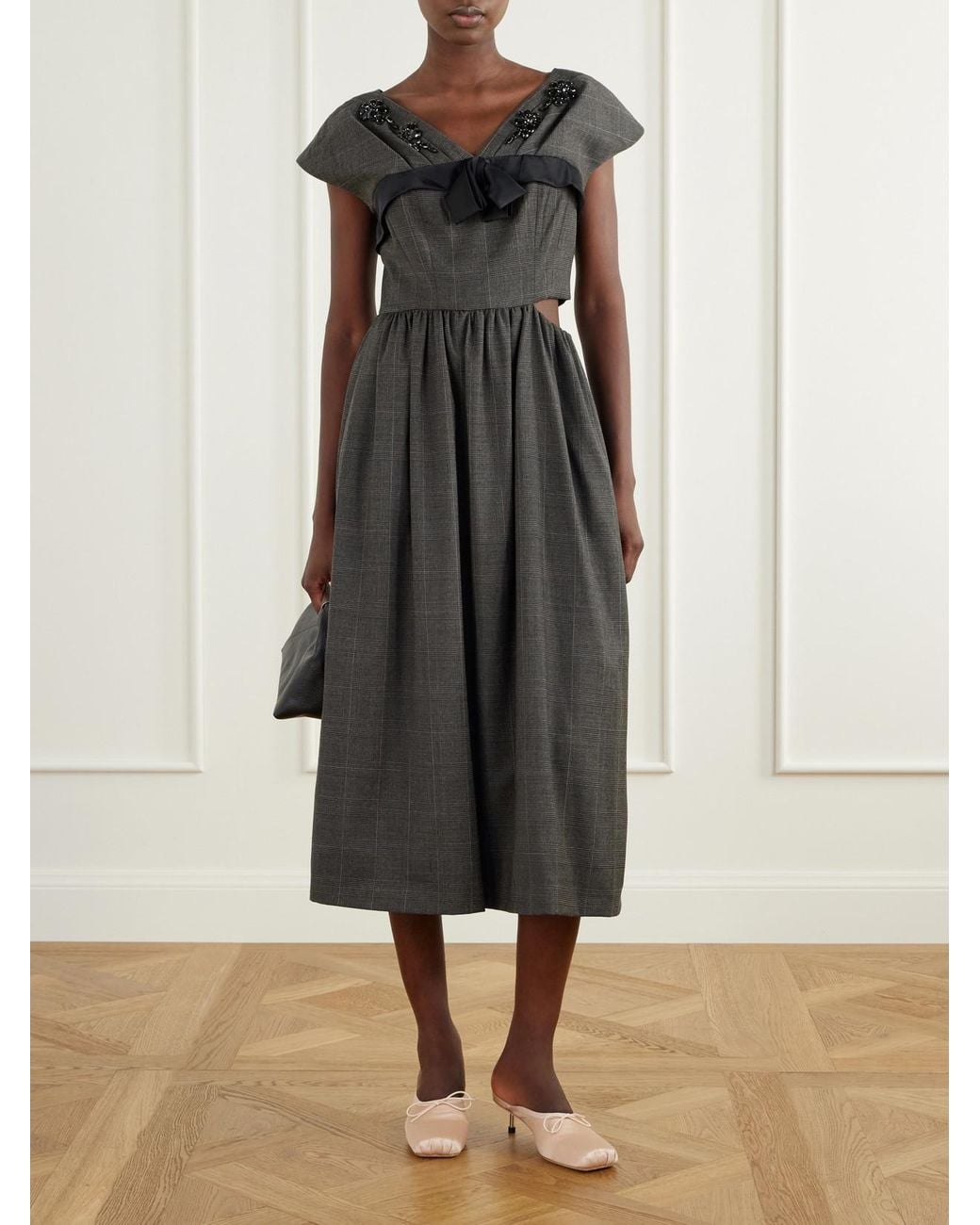 Simone Rocha Black Embellished Gathered Prince Of Wales Checked Wool-Blend Midi Dress