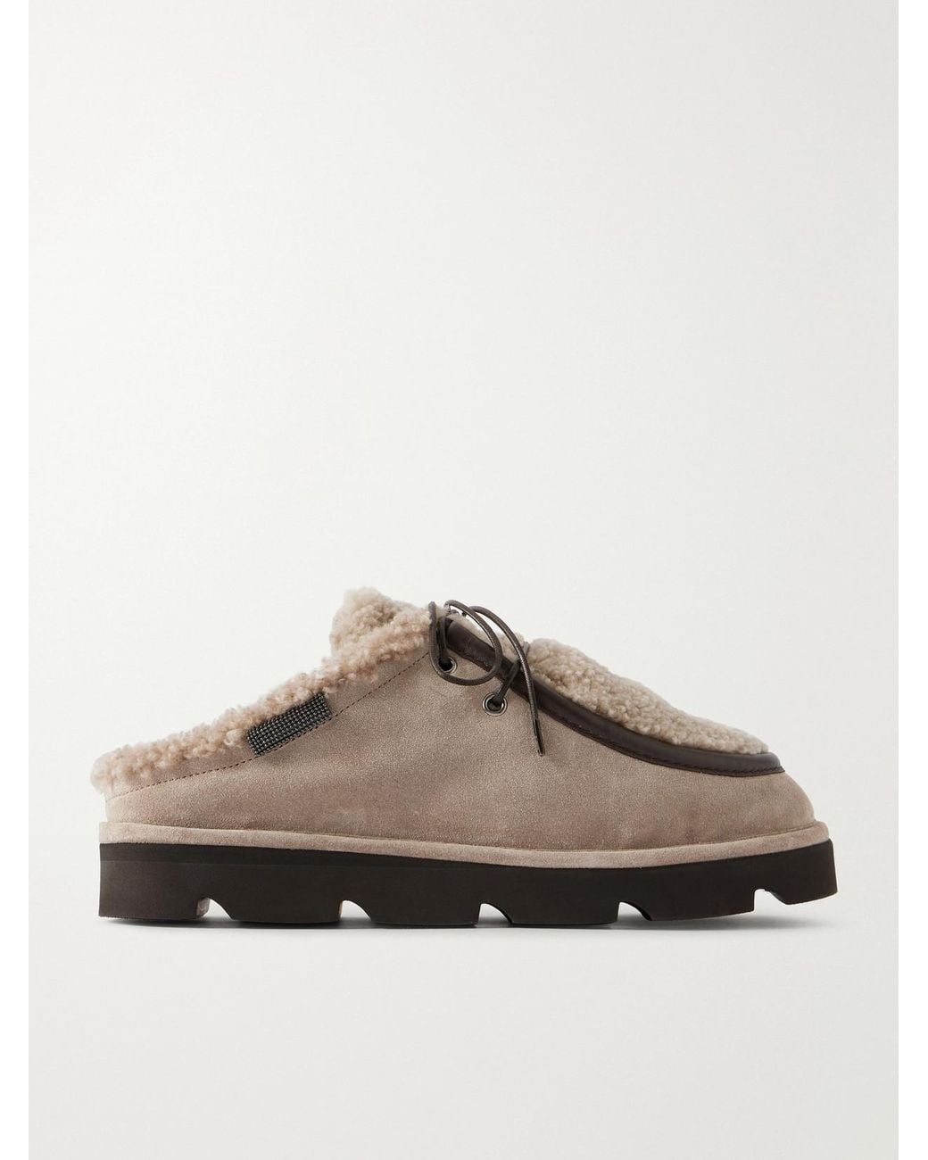 Brunello Cucinelli Brown Shearling-Trimmed Suede Clogs
